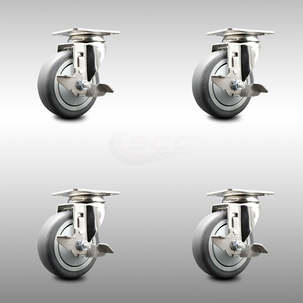 Service Caster 4 Inch 316SS Thermoplastic Rubber Wheel Swivel Top Plate Caster Set with Brake SCC-SS31620S414-TPRB-TLB-4 - main
